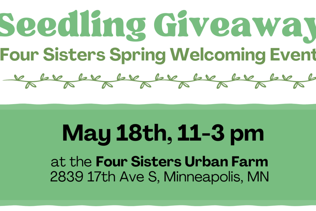 Seedling Giveaway. Four Sisters Spring Welcoming Event. May 18th, 11-3pm at the Four Sisters Urban Farm (bold) 2839 17th Ave S, Minneapolis MN